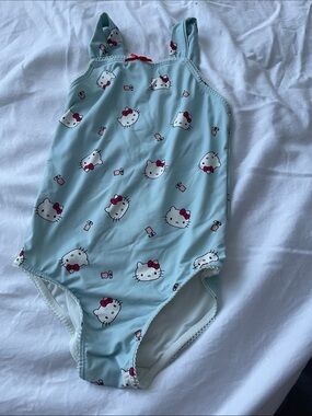 Hello Kitty Light Blue One-Piece Swimsuit with Pink Bow Print
